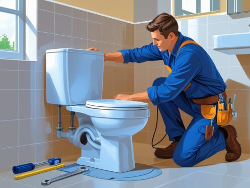 Plumber installing a toilet in a bathroom, showcasing professional toilet installation services, tools nearby, and a clean, modern setting.